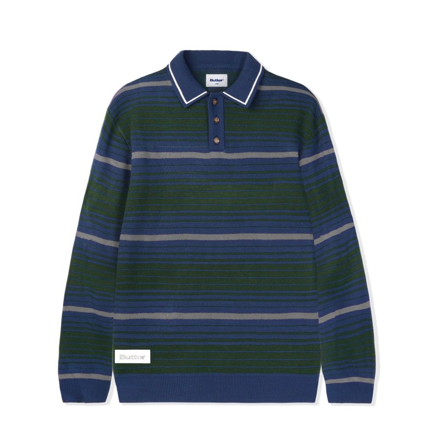 Clothing Butter Goods | Stripe Knitted Shirt,Navy/Forest/Grey